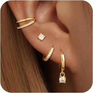 4 Pairs Gold Hoop Earrings Set for Women Dangle Stack 14k Gold Plated Huggie